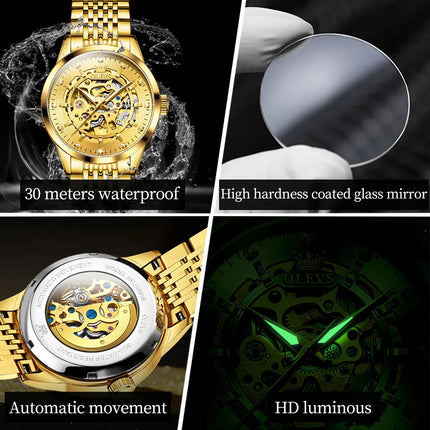 OLEVS Luxury Brand Gold Skeleton Automatic Mechanical Watch Fashion Business Stainless Steel Waterproof Luminescent Men's Watch