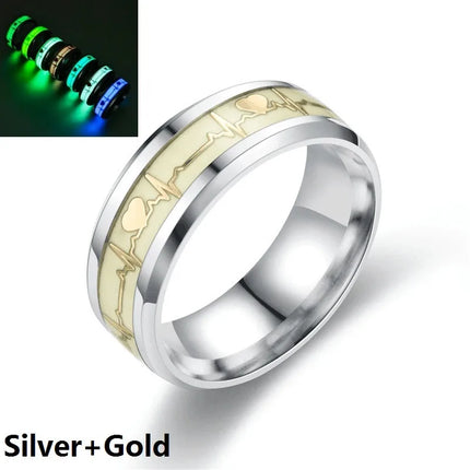 SMJEL Fashion Heartbeat Luminous Ring for Women Men Fluorescent Rings Heart Glow In Dark Stainless Steel Couple Ring JewelryGift