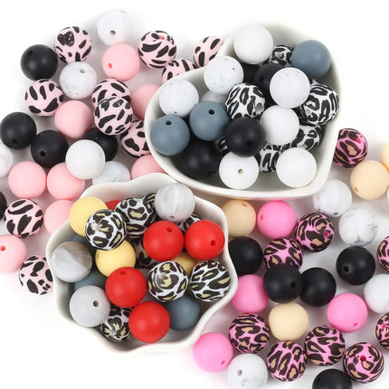 15mm 30Pcs Silicone Beads Round Print Food Grade Teething Beads for DIY Pen Baby Teething Pacifier Clips Necklace