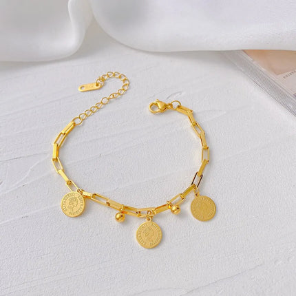 1pcs Gold-color Bracelet Ladies Hip Hop Style Stainless Steel Round Sign Portrait Pendant Wide Cross Chain Jewelry