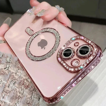 Clear Bling Crystal Phone Case For iPhone 15 14 11 12 13 Pro Max Plus For Magsafe Magnetic Wireless Charging Lens Film Cover