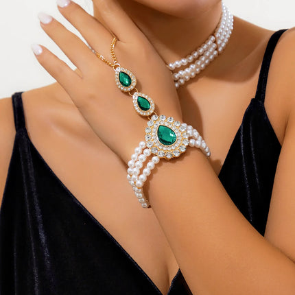 KunJoe  Luxury Green Rhinestone Droplet Connected Finger Chain Bracelet Women Elegant Multi-layer Imitation Pearl Bracelet