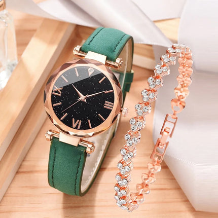 2pcs Luxury Fashion Women Watch Set PU Leather Strap Ladies Quartz Wristwatch Rhinestone Alloy Bracelet For Ladies Gift