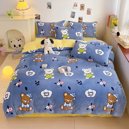 Cute Cartoon Panda 3pcs Duvet Cover Set Sage Green Thickened Milk Velvet Comforter Covers Boys Girls Bedding with Pillowcase