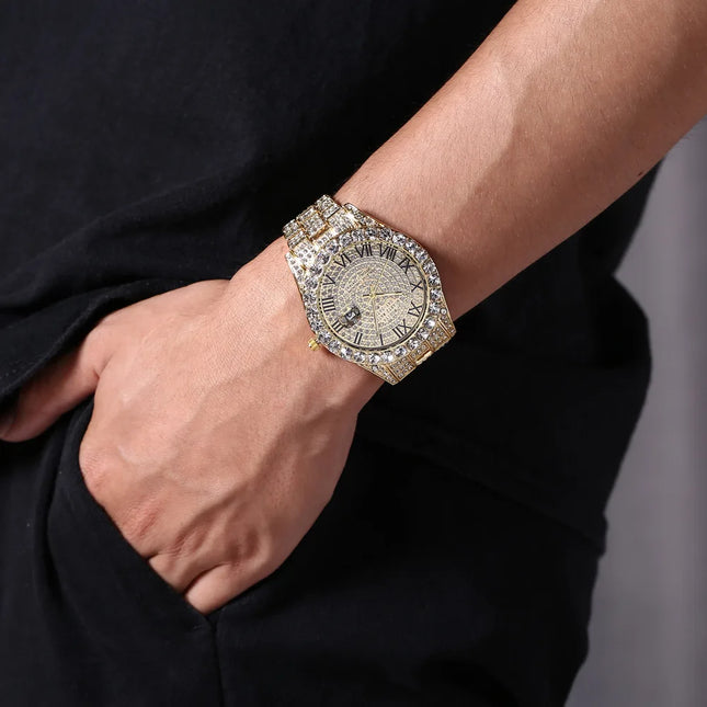 Hip Hop Iced Out Men Watch Full AAA Rhinestone Around Luxury Quartz Watches Round Clock Unisex Wrist Watch Gift For Boyfriend