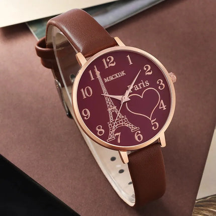 Fashion Watch Glasses Set Casual Leather Belt Watches Women Simple Sunglasses Ladies Iron Tower Dial Quartz Wristwatches Dress C