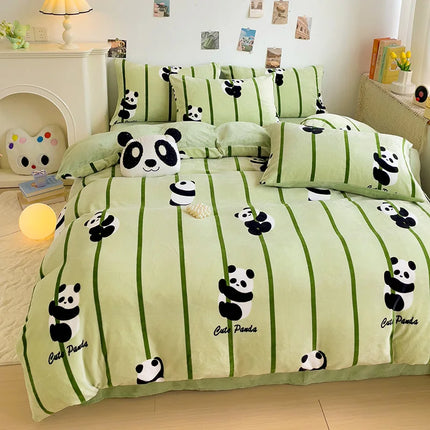 Cute Cartoon Panda 3pcs Duvet Cover Set Sage Green Thickened Milk Velvet Comforter Covers Boys Girls Bedding with Pillowcase