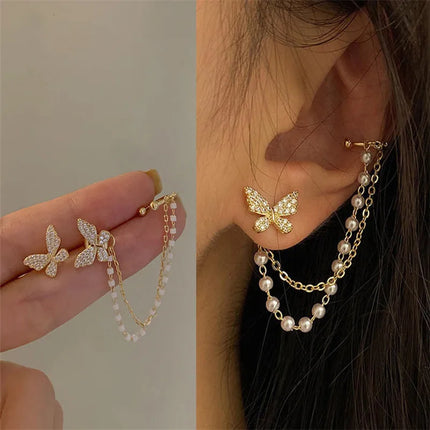 Korean Rhinestone Butterfly Drop Earrings - Elegant Metal Boucle Jewelry for Women and Girls