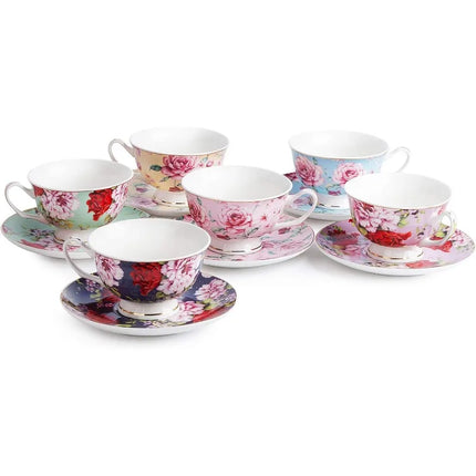 Tea Cups and Saucers Set of 6, Tea Set, Floral Tea Cups (8oz), Cups and Saucers Set,  Porcelain