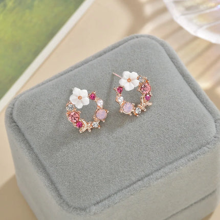 Colorful Enamel Crystal Rhinestone Stud Earrings - Trendy Korean Flower Wreath Jewelry