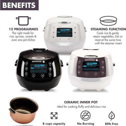 Kitchen suppliesReishunger Digital Rice Cooker and Steamer, Black, Timer - 8 Cups - Premium Inner Pot, Multi Cooker with 12 Prog