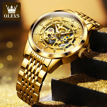 OLEVS Luxury Brand Gold Skeleton Automatic Mechanical Watch Fashion Business Stainless Steel Waterproof Luminescent Men's Watch