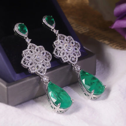 GEM'S BALLET Luxury Vintage Imitated Emerald  Dangle Drop Earrings, Sterling Silver Floral Chandelier Earrings, Dormeuse Earring