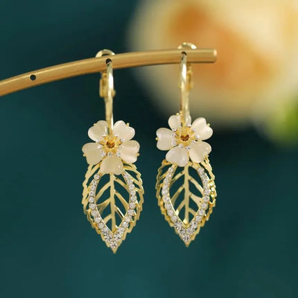 Sparkling Crystal Daisy Drop Earrings For Women Temperament Shiny Zircon Opal Flower Leaves Dangle Earring Party Wedding Jewelry