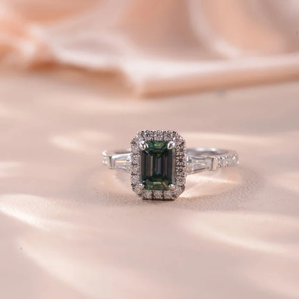 5*7mm Emerald-Cut Green Moissanite Solitaire Ring - Exquisite 18K Gold Plated, Elegant, 925 Silver Band