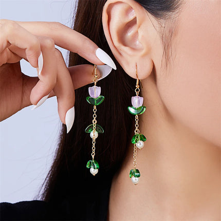 Korean Exquisite Imitation Pearl Tassel Drop Earring For Women Shiny  Zircon Flower Leaf Long Ear Line Geometric Earring Jewelry