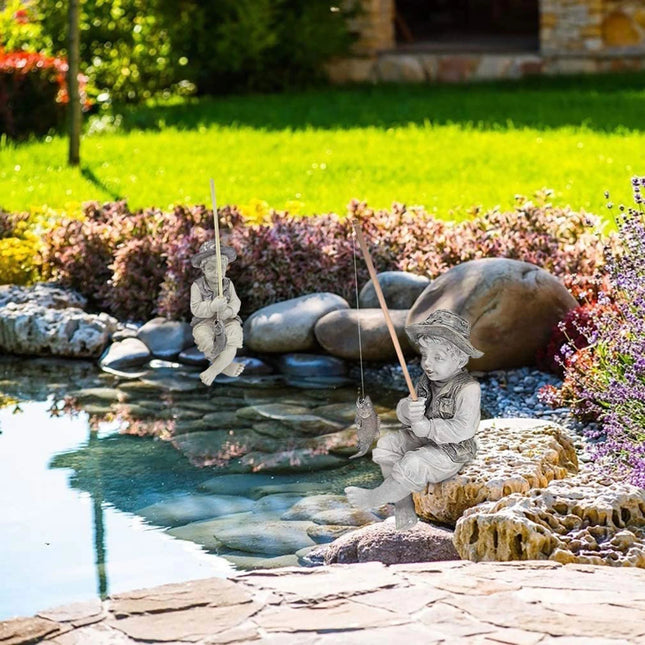 Garden Statue Gone Fishing Boy Yard Ornaments Resin Fisherman Funny Lawn Sculpture Home Decoration Support Dropshipping