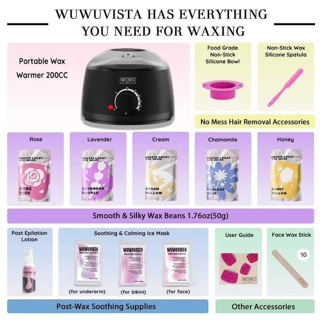 Waxing Kit WUWUVISTA Hair Removal Wax Kit Wax Melt Warmer Waxing Beads Face/Brazilian/Full Body/Bikini/Sensitiive skin(23 items)