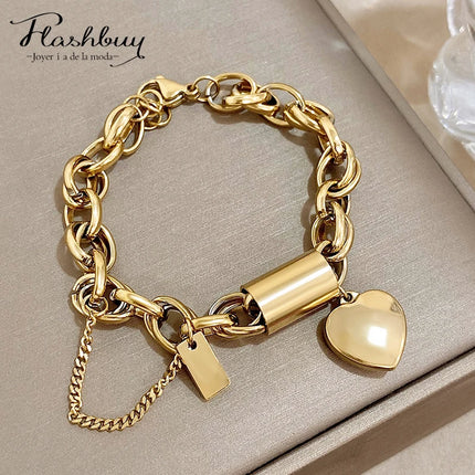 Punk Chunky Gold Color Thick Chain Stainless Steel Bracelets for Women Fashion Design Heart Love Pendant Wrist Jewelry Gift