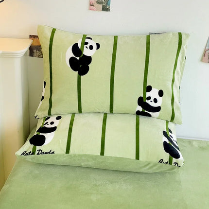 Cute Cartoon Panda 3pcs Duvet Cover Set Sage Green Thickened Milk Velvet Comforter Covers Boys Girls Bedding with Pillowcase