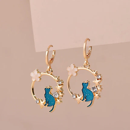 Cute Enamel Cat Earrings For Women Girls Sweet Kitten Rabbit Animal Painted Colorful Delicate Gold Color Hoop Jewelry Earrings