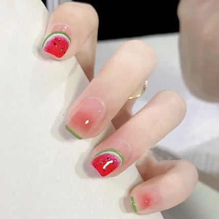 24Pcs/Box 2022 Cute and Playful Frozen Watermelon Women Girls  Nail Art Fake Nails Handmade Coffin Cute Kawaii Press-On Nails