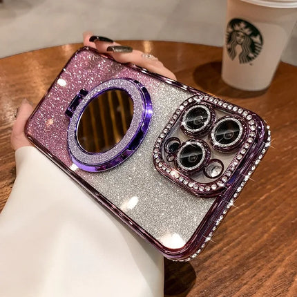 Luxury Diamond Clear Glitter Magsafe Case For iPhone 15 14 13 12 11 Pro Max 15Plus Mirror Magnetic Phone Holder Stand Soft Cover