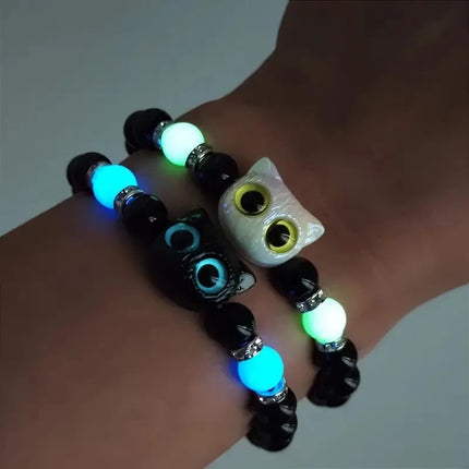 Cute Big Eye Cat Luminous Bracelets For Women Cartoon Animal Pendant Beaded Hand Chain Friendship Couple Bracelet Jewelry Gift