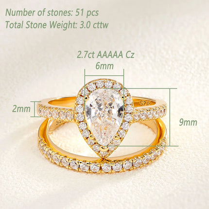 Newshe 2 Pcs Yellow Gold Color Wedding Rings Set Solid 925 Sterling Silver 3Ct Halo AAAAA CZ Pear Cut Engagement Ring for Women