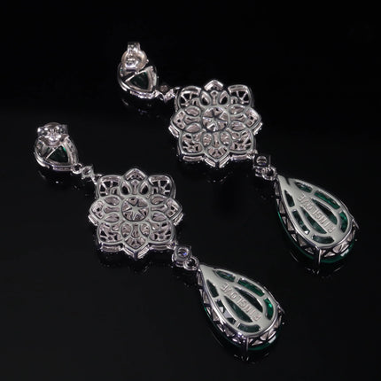 GEM'S BALLET Luxury Vintage Imitated Emerald  Dangle Drop Earrings, Sterling Silver Floral Chandelier Earrings, Dormeuse Earring