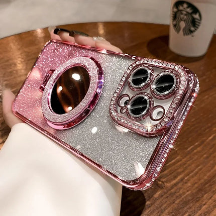 Luxury Diamond Clear Glitter Magsafe Case For iPhone 15 14 13 12 11 Pro Max 15Plus Mirror Magnetic Phone Holder Stand Soft Cover