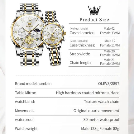 OLEVS Quartz Couple Watch Luxury Brand Waterproof Lunar Phase Timing Code Watch Elegant and Romantic Lover His  Her Couple Watch