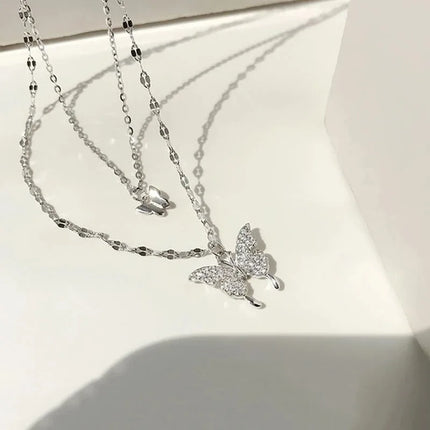 Women Shiny Butterfly Necklace Fashion Double Layer Pendant Cross Choker Neck Chain Light Luxury Clavicle Chain Party Jewelry