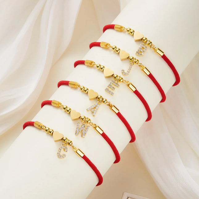 New Stainless Steel Gold Color Heart A-Z Initial Letter Bracelet Men Luck Red Rope Charm Bracelet For Women Men Jewelry Gift