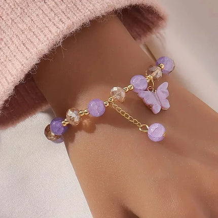 Women Girls Glass Beads Bracelet Butterfly Shape Pendant Ladies Elegant Charm Bacelet Jewelry Accessories