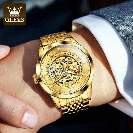 OLEVS Luxury Brand Gold Skeleton Automatic Mechanical Watch Fashion Business Stainless Steel Waterproof Luminescent Men's Watch