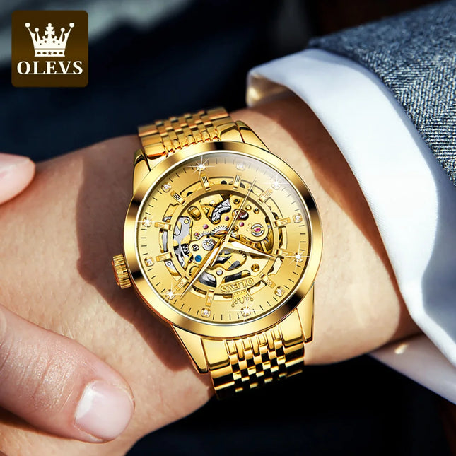 OLEVS Luxury Brand Gold Skeleton Automatic Mechanical Watch Fashion Business Stainless Steel Waterproof Luminescent Men's Watch