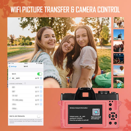 G-Anica Pink Digital Photography Camera 4K Wireless Network Camera  Vlog Video Recorder YouTube 48MP Camera Supports PC Transfer