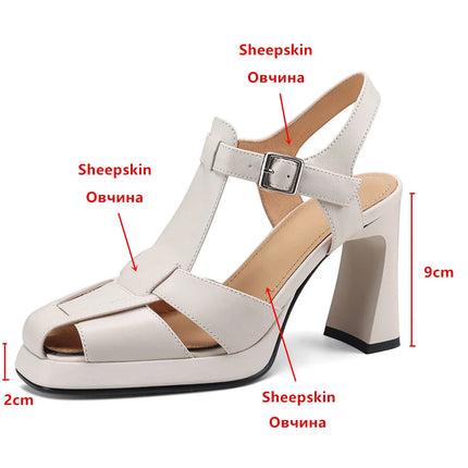 Aucegi Summer 2024 Square Toe Genuine Leather Sandals Dress Women’s Chunky High Heels Buckle Strap Tooling Style Shoes Beige