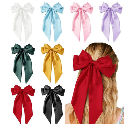 Ladies Satin Large White pink Red Blue Black Ribbon bow Oversized bow Long tail hair clip spring clip ponytail Hair accessorie