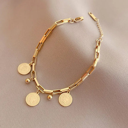 1pcs Gold-color Bracelet Ladies Hip Hop Style Stainless Steel Round Sign Portrait Pendant Wide Cross Chain Jewelry