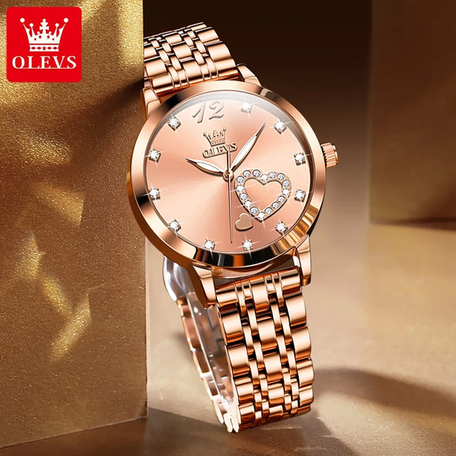 OLEVS Japan Quartz Women Watch Stainless steel Bracelet "Love" Dial Fashion Elegant Waterproof Luminous Quartz Watch for Ladies