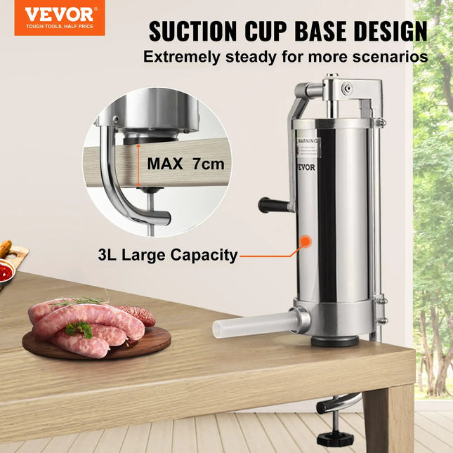 VEVOR Manual Sausage Stuffer Filler Maker Meat Filling Machine  3 Stuffing Tubes Vertical Kitchen Appliance Home Commercial