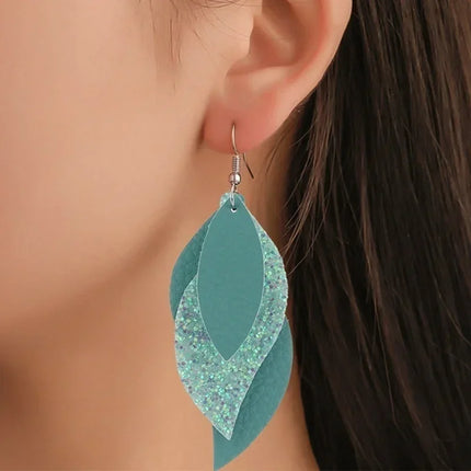 Litchi Layered Leather Drop Earrings with Sequin Detail