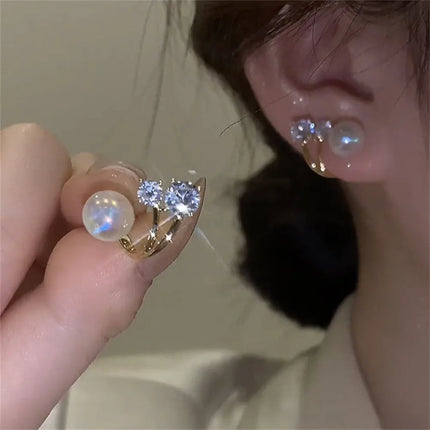 Korean Shiny Crystal Rhinestone Pearl Earrings for Women Girl Geometry Handcrafted Micro Paved Flower Heart Stud Earring Jewelry