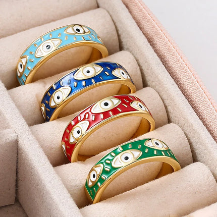 Fashion Aesthetic Evil Blue Eyes Finger Rings for Women Oil Dripping Stainless Steel Rings Adjustable Opening Ring Jewelry Gifts