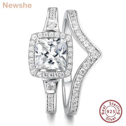 Newshe Original 925 Silver Engagement Rings for Women 6*6mm Halo Cushion CZ Imitated Diamond Ring Set Wish Wedding Band