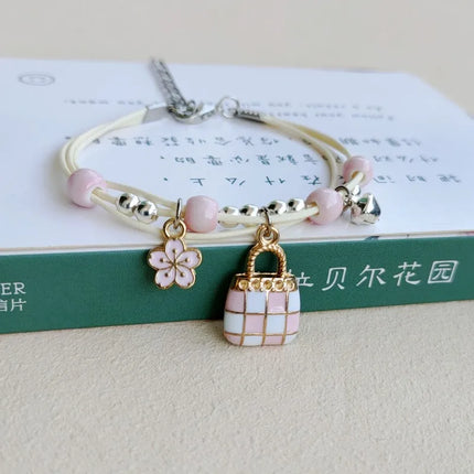 2023 New Simple Cute Cartoon Bunny Bracelet for Women Sweet Pink Series Pendant Hand-Wowen Bracelets Bangles Couple Friends Gift