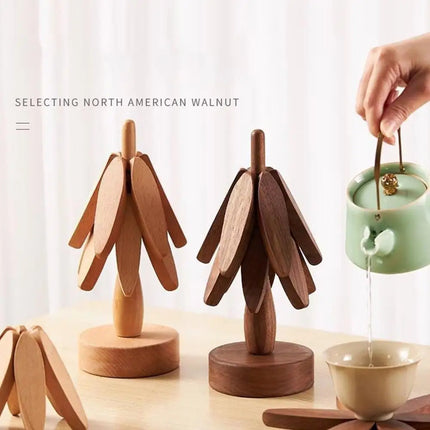 Wooden Trivets for Hot Dishes Folding Tree Shape Black Walnut Table Mat Holders Heat Insulated Pad Set Coasters for Pots