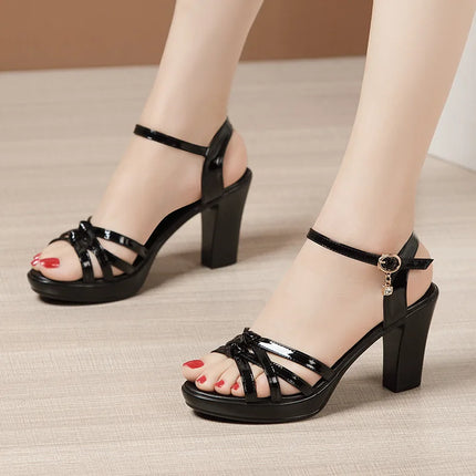 High quality leather sandals for women 8cm high heel 2023 summer size 32 33 42 43 platform open toe elegant  shoe black white